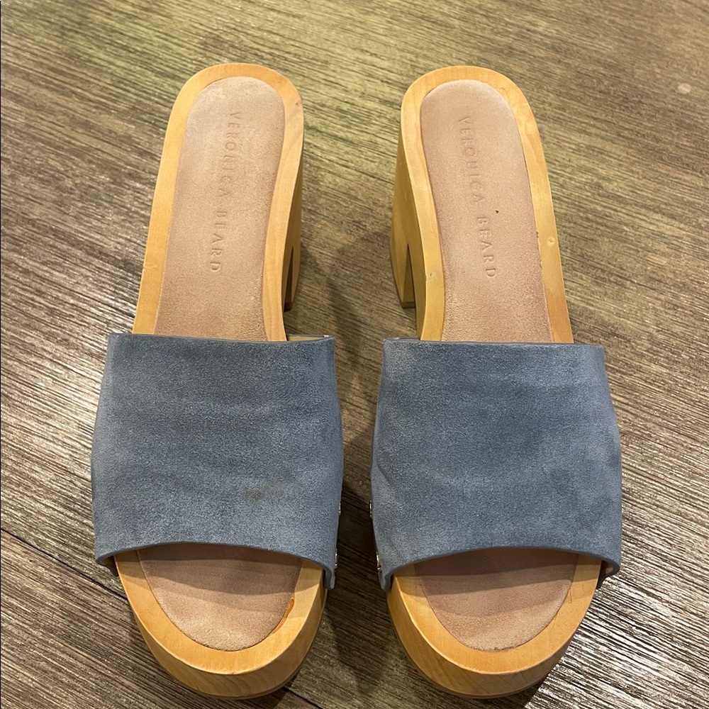 Veronica Beard Hannalee Blue Suede Wooden Clog Sandal - Picture 2 of 5